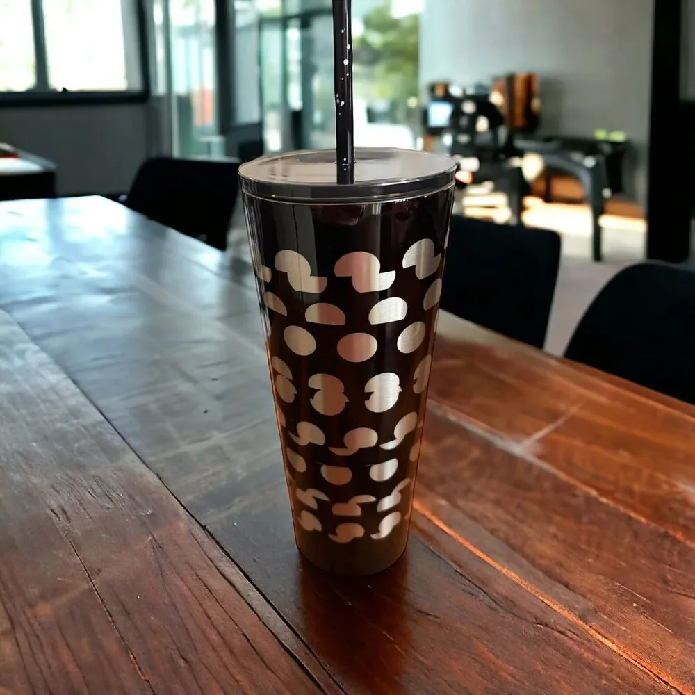 Starbucks Black Silver Polka Dot Print Stainless Steel Cold Cup 24 oz Tumbler